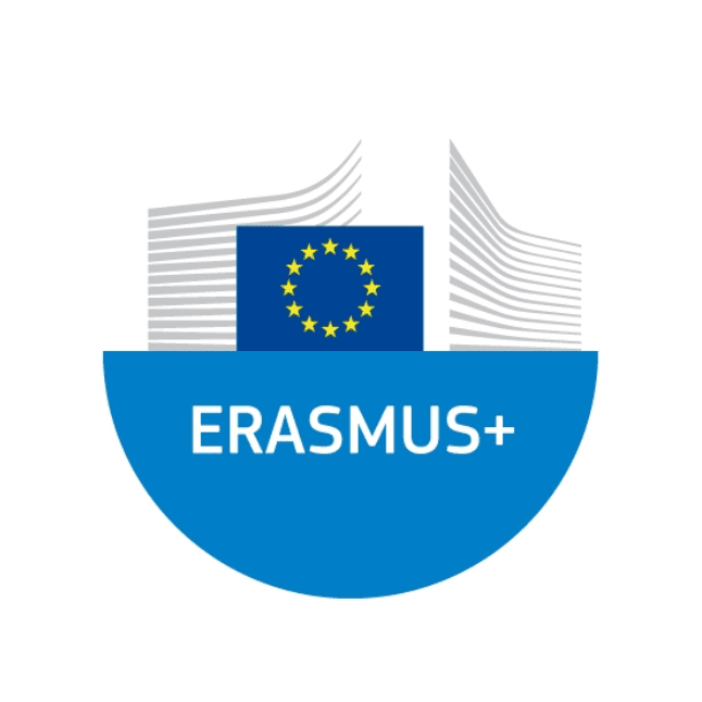 Erasmus+ UE Logotipo de Erasmus+ con el emblema de la Unión Europea y elementos arquitectónicos.